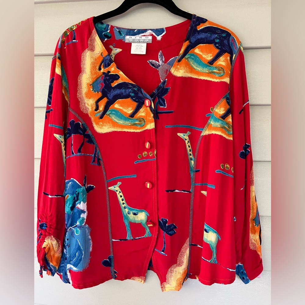 Nino Wong vintage blouse art to wear abstract animal whimsy colorful bold 90s M